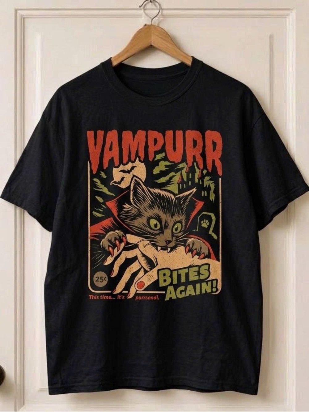 Vintage Halloween Car T Shirt Vampurr Bites Again Graphic Tee